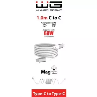 WG - Cablu de date Type-C la Type-C, 1 metru, 3A, 60W, autoretractabil magnetic, alb