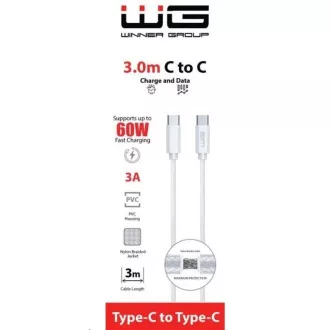 WG - Cablu de date Type-C la Type-C, 3 metri, 3A, 60W, alb