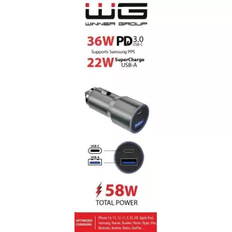 WG - Încărcător auto 2x USB 58, 5W, 1x USB-C PD 36W + 1x USB-A 22.5W, argintiu