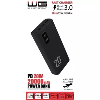 WG - Baterie externă 20000 mAh, USB-C PD 20W + USB-A QC 3.0 22.5W, neagră