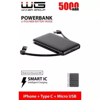 WG - Baterie externă 5000 mAh, cablu Micro USB + Type-C + adaptor Lightning, negru