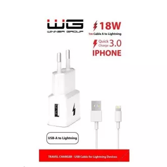 WG - Încărcător de rețea 1x USB-A, Încărcare rapidă 3.0, 5V-9V-12V, cablu USB-A la Lightning, alb