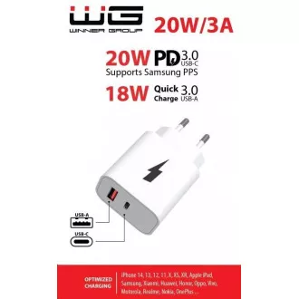 WG - Adaptor de alimentare 2x USB, 1x USB-C PD 20W + 1x USB-A QC 3.0 18W, alb WG - Adaptor de alimentare 2x USB, 1x USB-C PD 20W + 1x USB-A QC 3.0 18W, alb