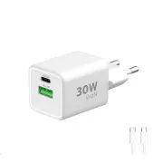 Încărcător WG - GaN 2x USB 30W, 1x USB-C PD3.0 PPS QC4 30W + USB-A 18W, cablu Type-C la Type-C, alb