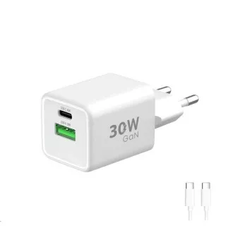 Încărcător WG - GaN 2x USB 30W, 1x USB-C PD3.0 PPS QC4 30W + USB-A 18W, cablu Type-C la Type-C, alb