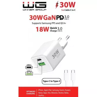 Încărcător WG - GaN 2x USB 30W, 1x USB-C PD3.0 PPS QC4 30W + USB-A 18W, cablu Type-C la Type-C, alb