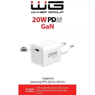 Încărcător de alimentare WG GaN 1x USB-C, PD 20W, 5V-9V-12V, alb