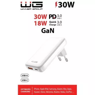 WG - Încărcător de rețea GaN 2x USB, 1x USB-C 30W + 1x USB-A 18W, alb WG - Încărcător de rețea GaN 2x USB, 1x USB-C 30W + 1x USB-A 18W, alb