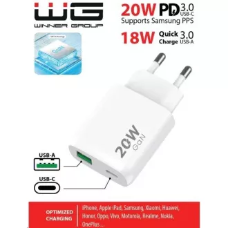 WG - Adaptor de alimentare 2x USB, 1x USB-C PD 20W + 1x USB-A QC3.0 18W, alb