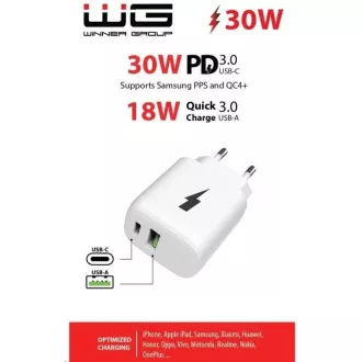 WG - Încărcător de rețea 2x USB, 1x USB-C PD PPS 3.0 30W + 1x USB-A QC4 18W, alb