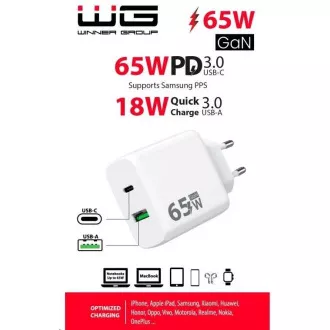 Încărcător de alimentare WG GaN 2x USB 65W, 1x USB-C PD 65W + 1x USB-A QC3.0 18W, alb