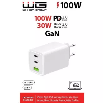 WG - Încărcător de rețea GaN 100W, 3x USB, 1x USB-A + 2x USB-C, alb