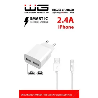 WG - Adaptor de alimentare 2x USB-A 2, 4A, Smart IC + cablu USB-A la Lightning, alb WG - Adaptor de alimentare 2x USB-A 2, 4A, Smart IC + cablu USB-A la Lightning, alb
