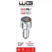 WG - Încărcător auto, transmițător FM, USB-A QC 3.0 18W + USB-C PD 30W, argintiu