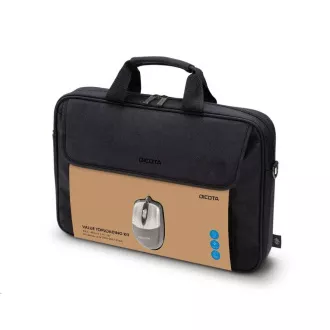 DICOTA Value Toploading Kit 14-16, Geantă pentru laptop cu mouse optic inclus, neagră