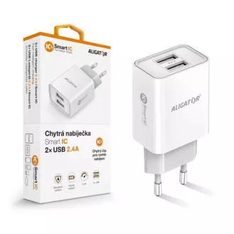 Încărcător de rețea Alligator, 2x USB, IC inteligent, 2, 4 A, alb