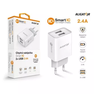 Încărcător de rețea Alligator, 2x USB, IC inteligent, 2, 4 A, alb