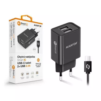 Încărcător de rețea Alligator, 2x USB, IC inteligent, 2, 4 A, cablu USB-C 2A, negru