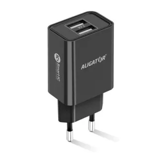 Încărcător de rețea Alligator, 2x USB, IC inteligent, 2, 4 A, cablu USB-C 2A, negru
