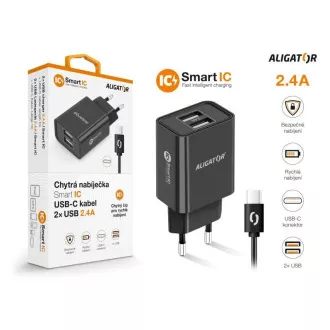 Încărcător de rețea Alligator, 2x USB, IC inteligent, 2, 4 A, cablu USB-C 2A, negru