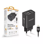 Încărcător de rețea Alligator, 2x USB, IC inteligent, 2, 4 A, cablu Lightning 2A, negru