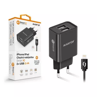 Încărcător de rețea Alligator, 2x USB, IC inteligent, 2, 4 A, cablu Lightning 2A, negru