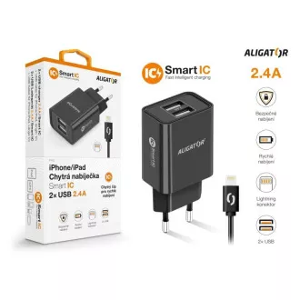 Încărcător de rețea Alligator, 2x USB, IC inteligent, 2, 4 A, cablu Lightning 2A, negru