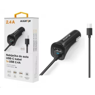 Încărcător auto Aligator Turbo charge, 12/24 V, 2, 4 A, USB-C, 1x ieșire USB, negru