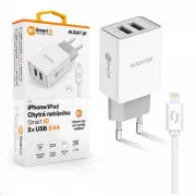 Încărcător de rețea Aligator, 2x USB, cablu Lightning 2A, smart IC, 2, 4 A, alb