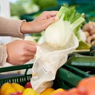Pandoo Pungă de plasă din bumbac organic pentru fructe, legume și pâine set 7 buc