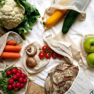 Pandoo Pungă de plasă din bumbac organic pentru fructe, legume și pâine set 7 buc