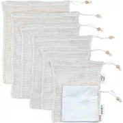 Pandoo Pungă de plasă din bumbac organic pentru fructe, legume și pâine set 7 buc