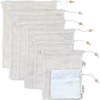 Pandoo Pungă de plasă din bumbac organic pentru fructe, legume și pâine set 7 buc