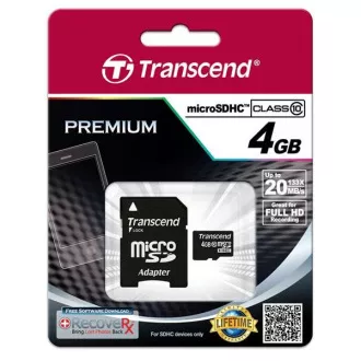 Card MicroSDHC TRANSCEND 4GB Clasa 10 + adaptor