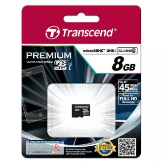 Card MicroSDHC TRANSCEND 8GB Premium, Clasa 10 UHS-I 300x, fără adaptor