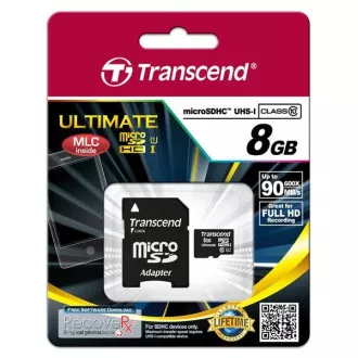 Card MicroSDHC TRANSCEND 8GB Ultimate, Clasa 10 UHS-I 600x, MLC + adaptor