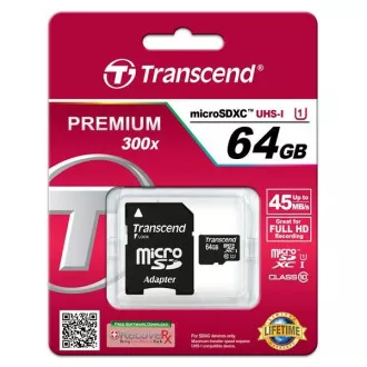 Card TRANSCEND MicroSDXC 64GB Premium, Clasa 10 UHS-I 400x (R: 85 / W: 35 MB / s) + adaptor