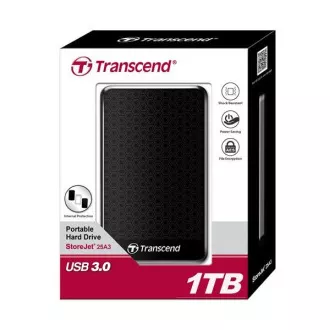 HDD extern TRANSCEND USB 3.1 StoreJet 25A3, 1TB, Negru (rezistent la șocuri, AES 256-bit)