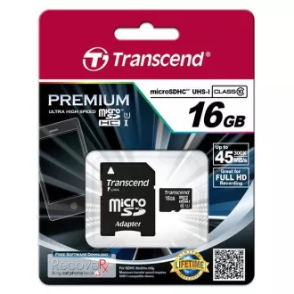 Card MicroSDHC TRANSCEND 16GB Premium, Clasa 10 UHS-I 300x + adaptor