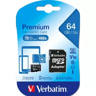 Card VERBATIM MicroSDXC 64GB Premium, U1 + adaptor