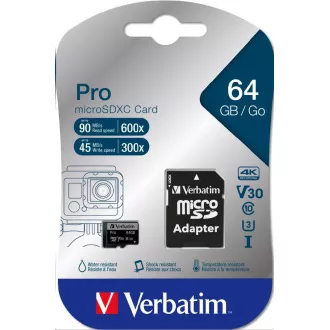 Card VERBATIM MicroSDXC 64GB Pro, U3 + adaptor