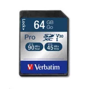 Card VERBATIM SDXC 64GB Pro, U3, V30 (R: 90 / W: 45 MB / s)