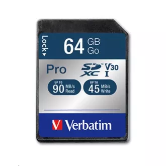 Card VERBATIM SDXC 64GB Pro, U3, V30 (R: 90 / W: 45 MB / s)