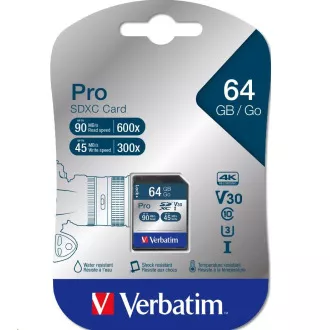 Card VERBATIM SDXC 64GB Pro, U3, V30 (R: 90 / W: 45 MB / s)