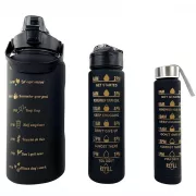 Sticla sport motivational 3 in 1, 2000 ml + 900 ml + 300 ml, negru