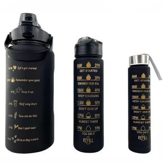 Sticla sport motivational 3 in 1, 2000 ml + 900 ml + 300 ml, negru