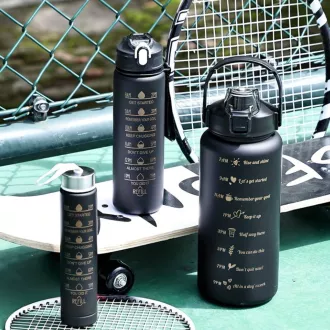 Sticla sport motivational 3 in 1, 2000 ml + 900 ml + 300 ml, negru