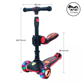 Trotineta cu trei roti pentru copii Story 2in1 Deluxe cu roti luminoase mini trotineta, negru-rosu