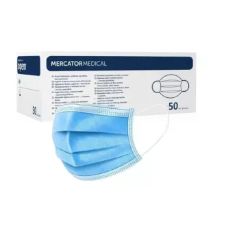 Mască chirurgicală de protecție OPERO cu trei straturi și bandă elastică, albastră, 50 buc.
