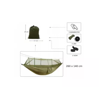 Plasă de camping suspendată 260x140 cm, pentru o persoană, capacitate de încărcare până la 190 kg, verde